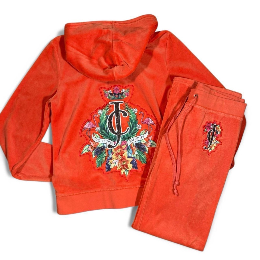 Orange Juicy Couture velour tracksuit with a full colour crowned crest embroidered on the jacket